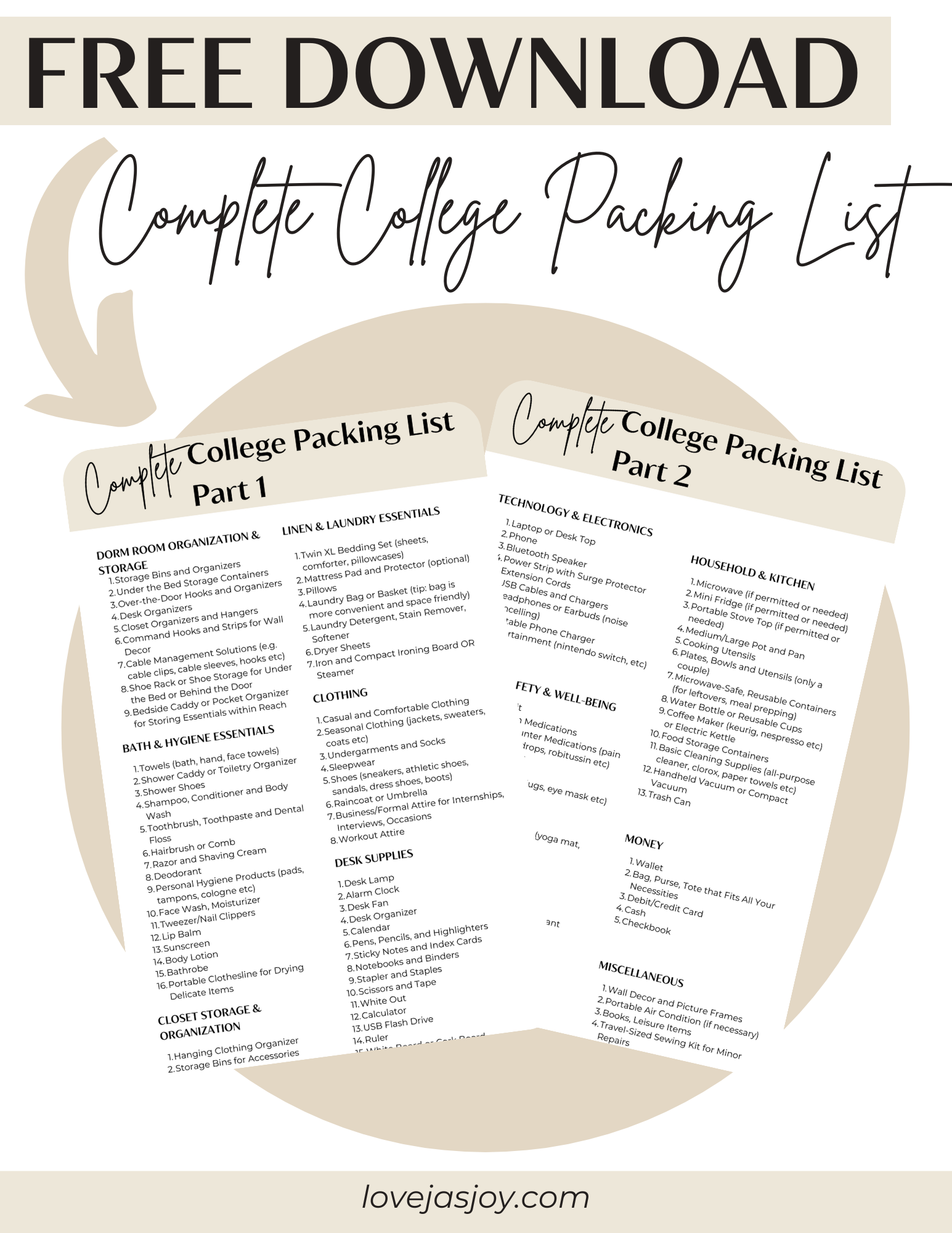 Free Download Complete College Packing List